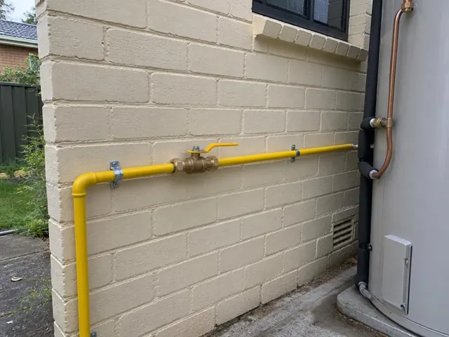 Yellow gas pipe and valve on an exterior brick wall beside a water heater in Kingswood