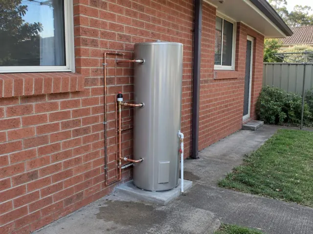 Outdoor hot water cylinder beside a brick house wall with copper pipework and a concrete pad in Colyton